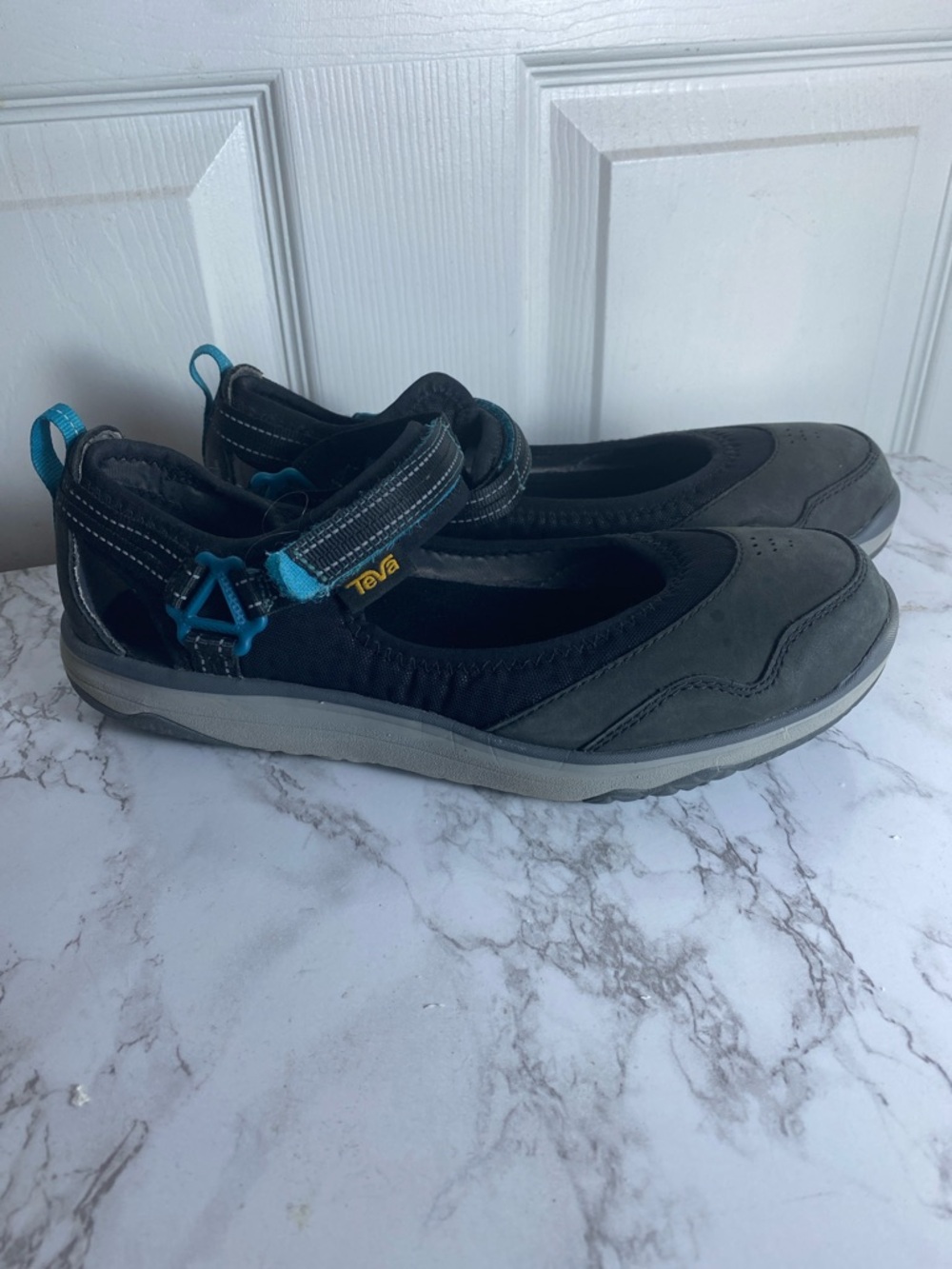 Teva Black and Gray Sporty Mary Jane Sandals with Teal Accents